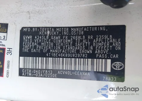 2009 Toyota Camry Le from USA, damaged, VIN 4T1BE46K89U829782